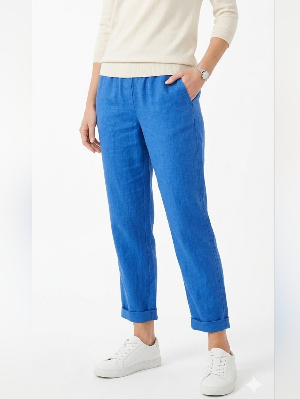 J.Jill Love Linen Blue Pull-On Pants 100% Linen Size M Petite